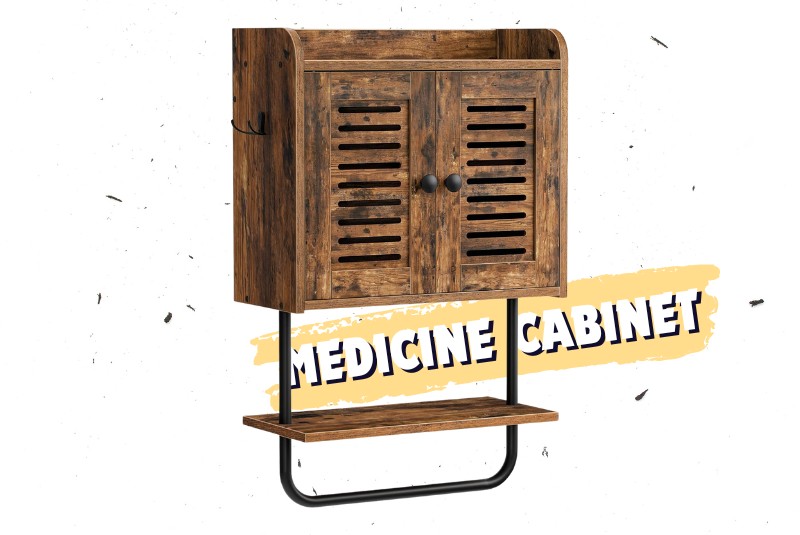 Medicine Cabinet, Double Doors Bathroom Wall Cabinet with Towel Bar